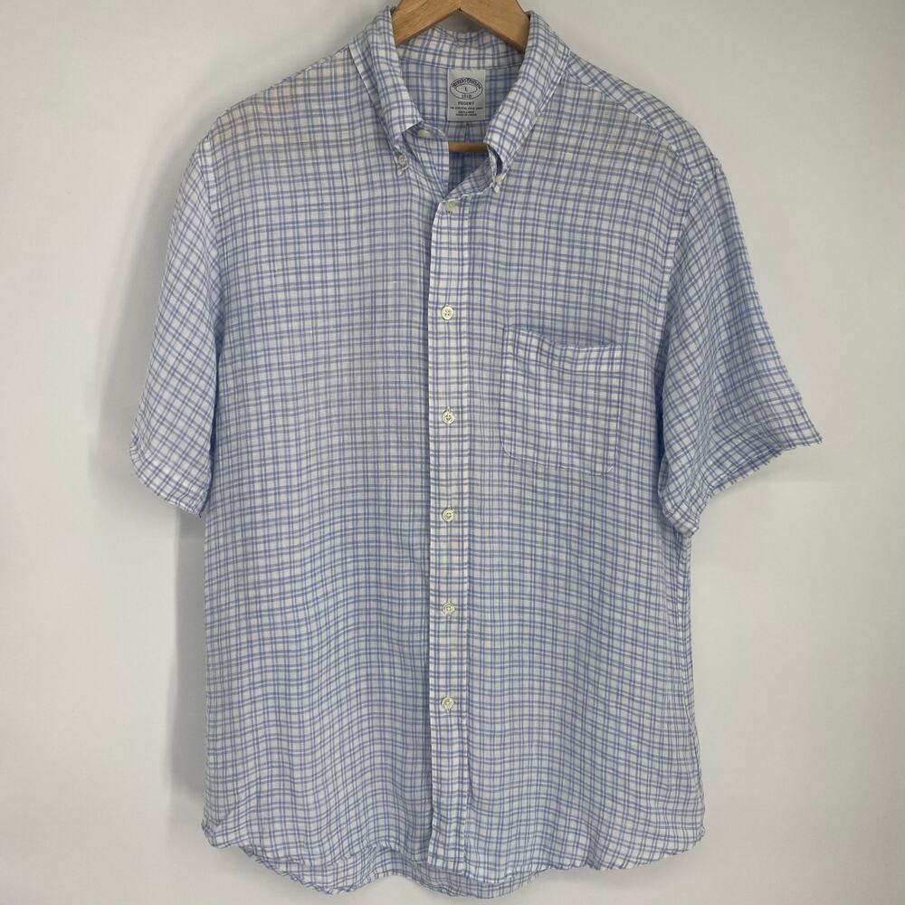 Brooks Brothers Top Mens Large Plaid 100% Linen Coastal Nautical Preppy Heritage